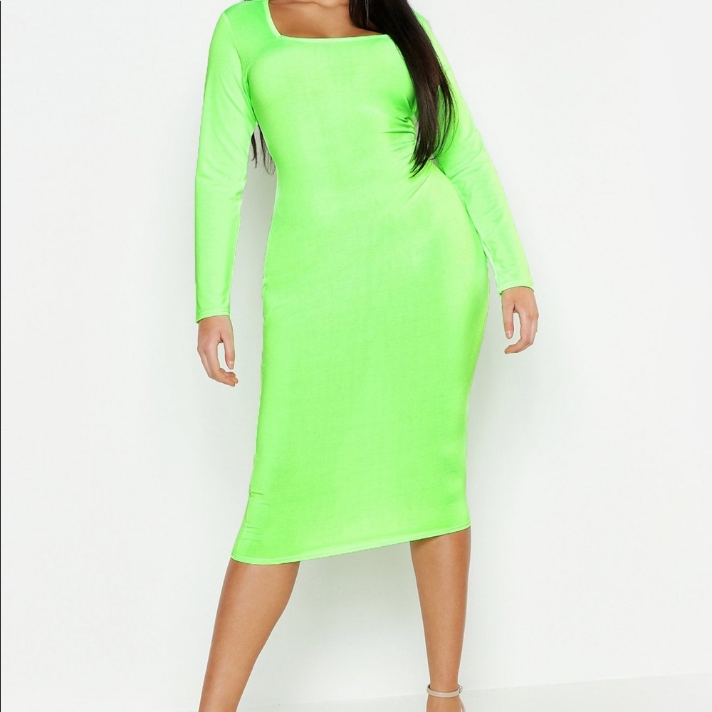 Boohoo  Neon slinky square neck sleeved midi dress